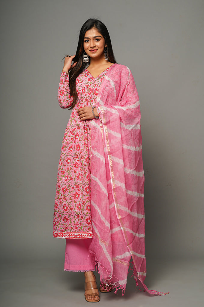 Buy Pink White Hand Block Printed Cotton Suit - Set of 3