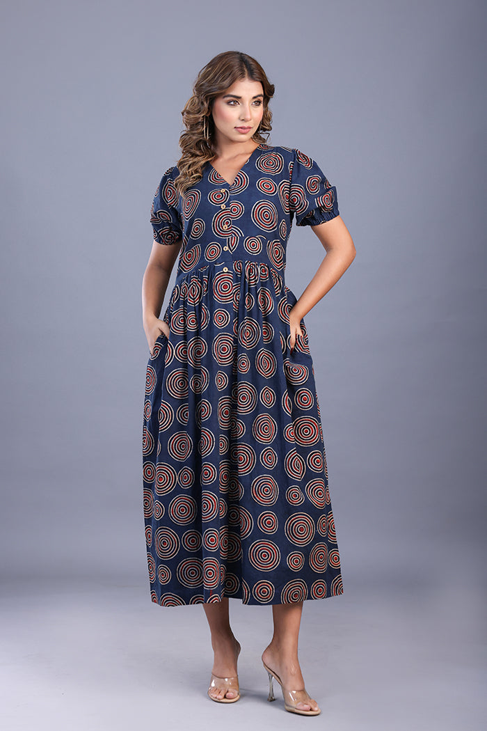 'Oasis' Ajrakh handblock print cotton dress