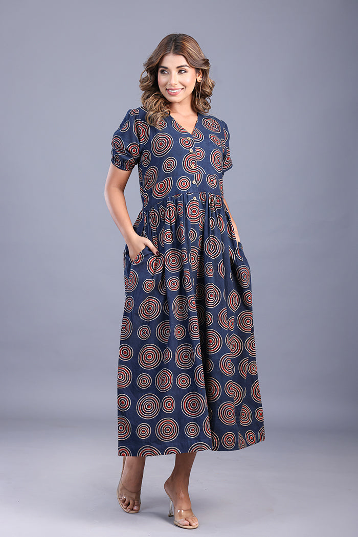 'Oasis' Ajrakh handblock print cotton dress