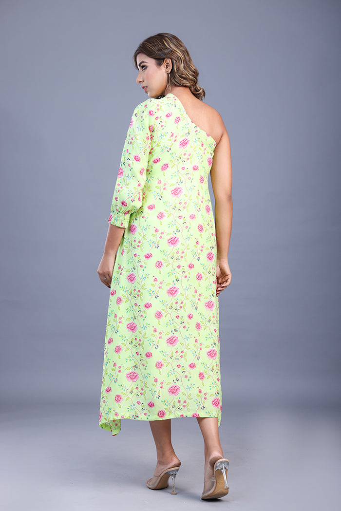 'Peony bloom' Hand block print one shoulder dress