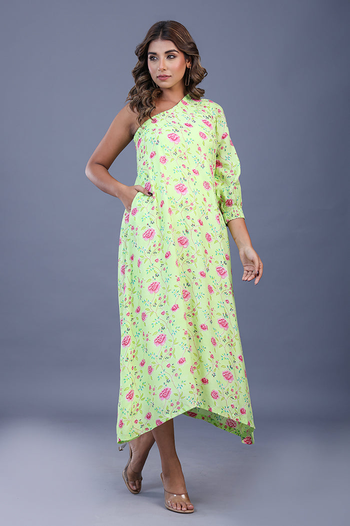 'Peony bloom' Hand block print one shoulder dress