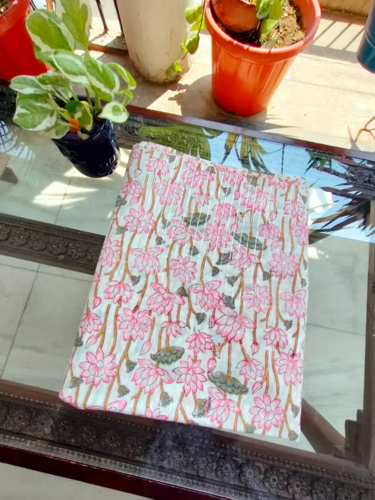 Pink Lotus-  Lurex handblock print cotton fabric