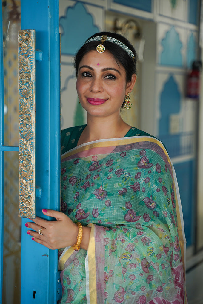 'Paper flower Bouganvillea' Handblock printed Kota Silk saree