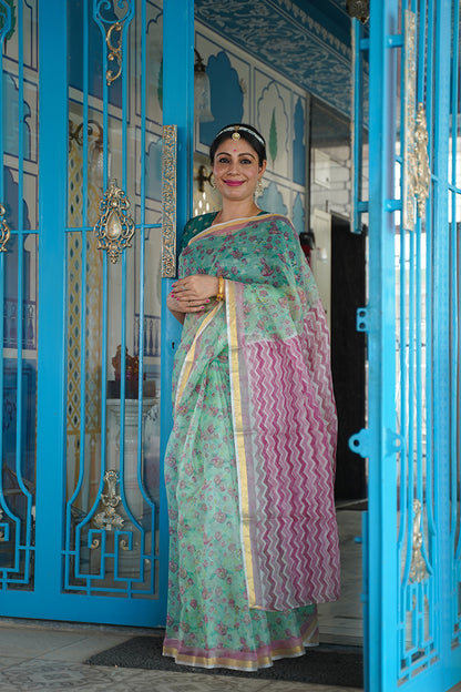 'Paper flower Bouganvillea' Handblock printed Kota Silk saree