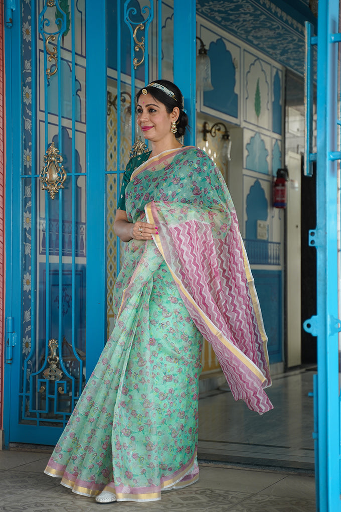 'Paper flower Bouganvillea' Handblock printed Kota Silk saree