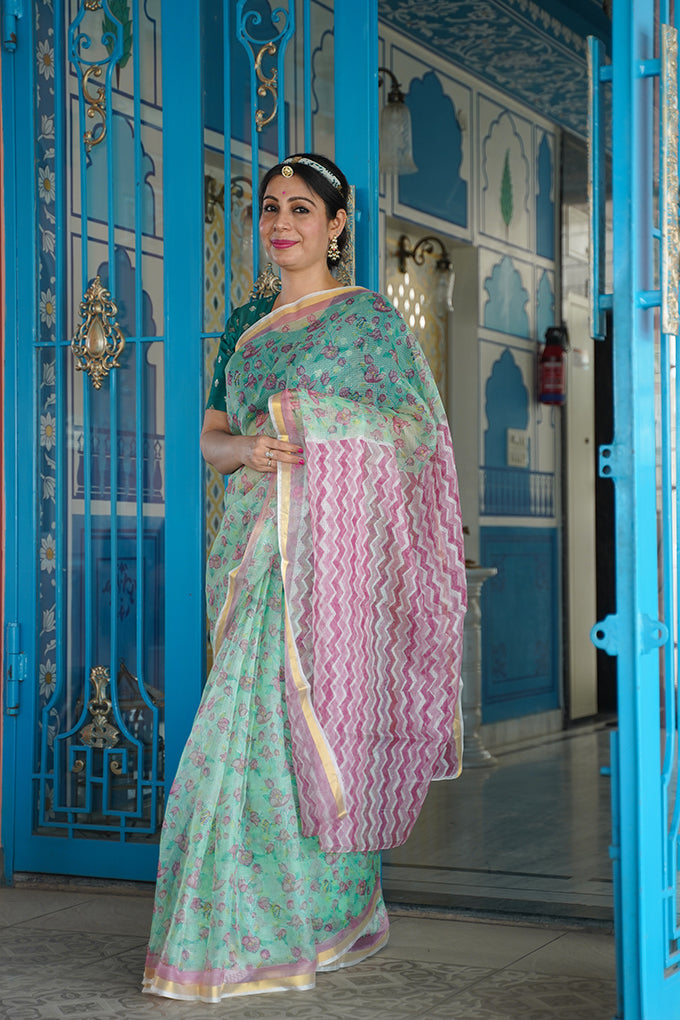 'Paper flower Bouganvillea' Handblock printed Kota Silk saree