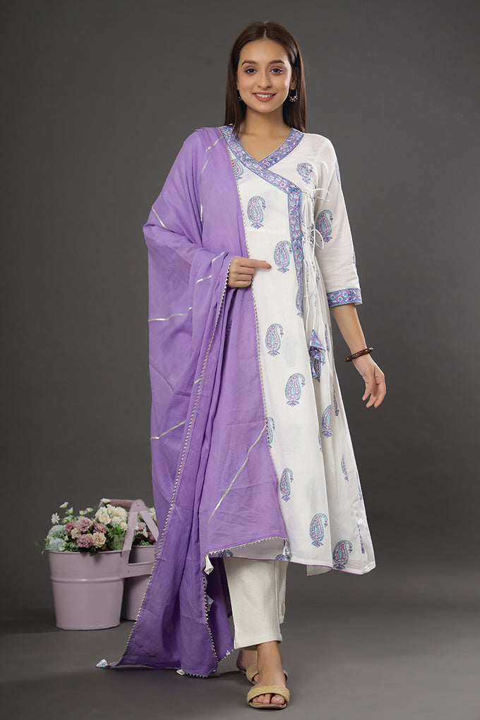 Best seller- 'Purple Paisley' Handblockprint Angrakha style kurta/dupatta/pants set ( Set of 3)