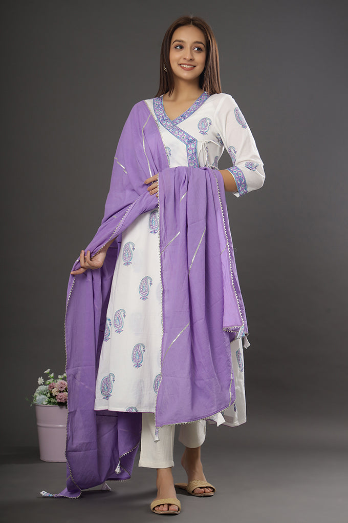 Best seller- 'Purple Paisley' Handblockprint Angrakha style kurta/dupatta/pants set ( Set of 3)