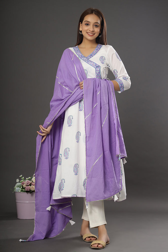 Best seller- 'Purple Paisley' Handblockprint Angrakha style kurta/dupatta/pants set ( Set of 3)