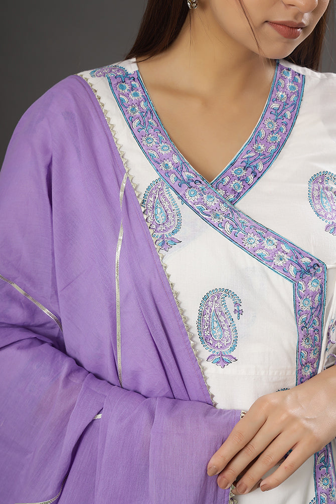 Best seller- 'Purple Paisley' Handblockprint Angrakha style kurta/dupatta/pants set ( Set of 3)