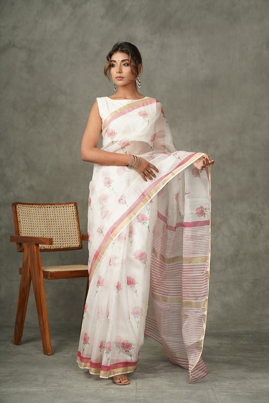' Gulab ' White and Pink ,Handblock Printed  Kota Silk saree