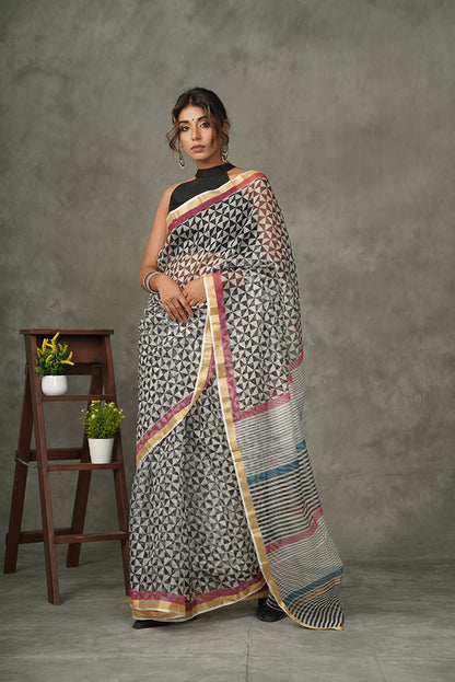 Best seller- 'Black and White Firki' Handblock printed Kota Silk saree