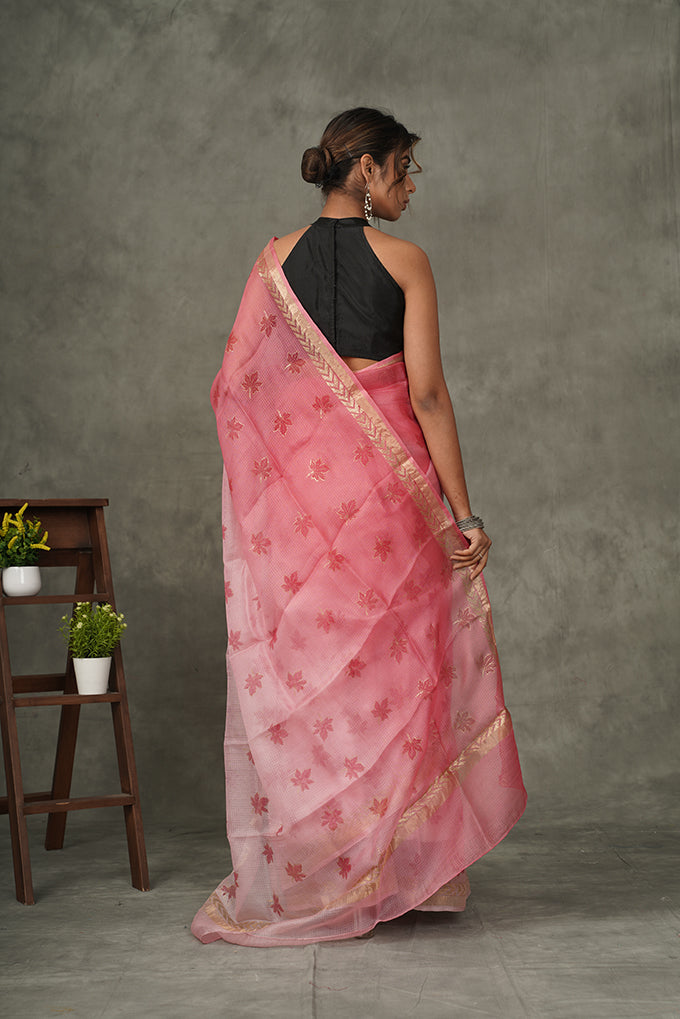 ' Gulabi Chinar ' Ombre Maple Handblock printed saree