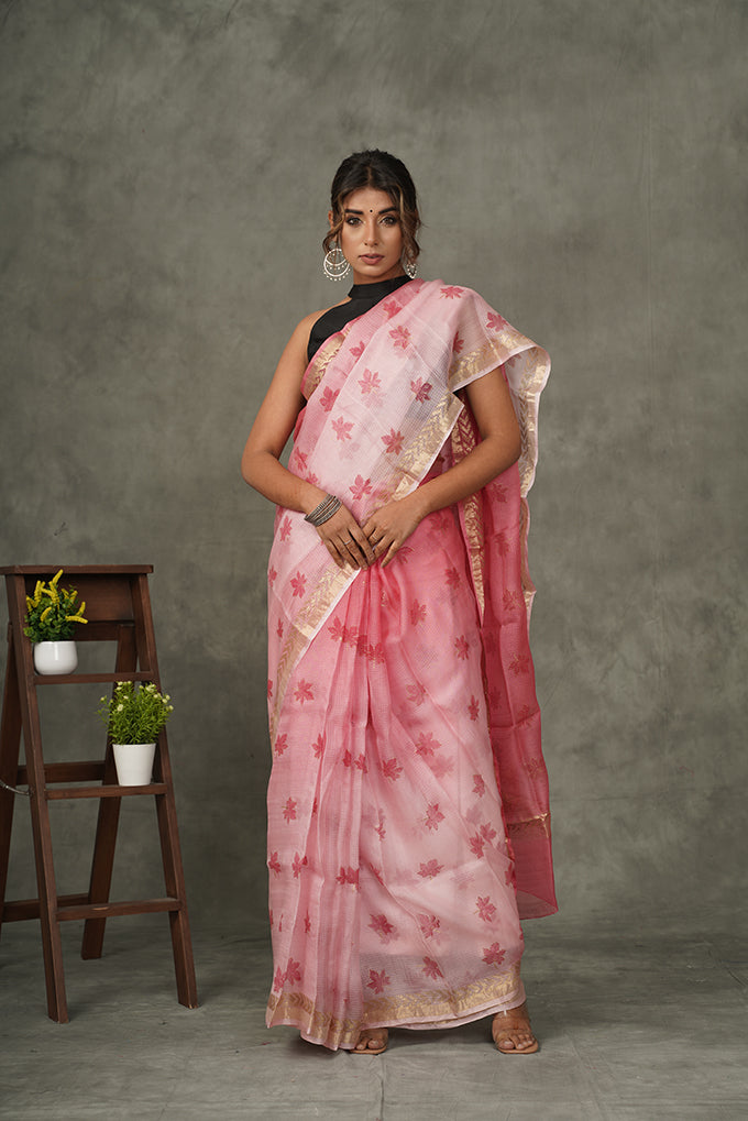 ' Gulabi Chinar ' Ombre Maple Handblock printed saree