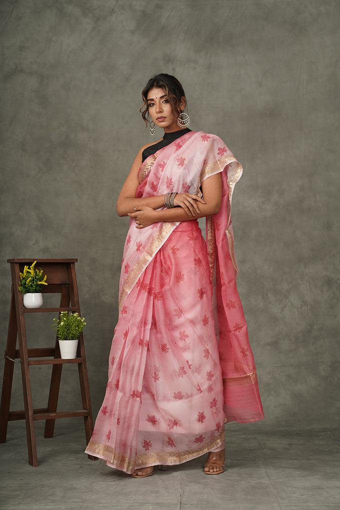 ' Gulabi Chinar ' Ombre Maple Handblock printed saree