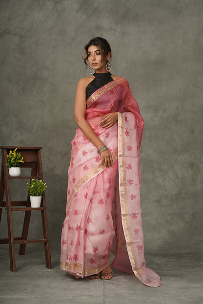 ' Gulabi Chinar ' Ombre Maple Handblock printed saree