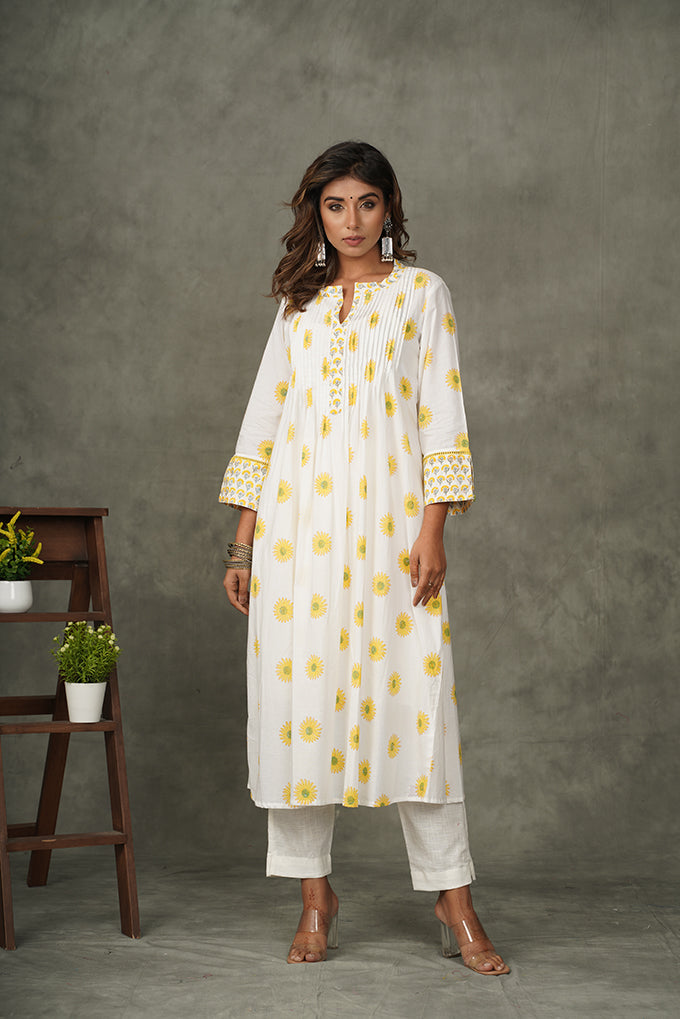 'Ray of Sunshine' Yellow- Orange Cotton Pintuck kurta/dupatta/pants set (Set of 3)