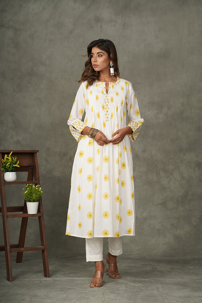 'Ray of Sunshine' Yellow- Orange Cotton Pintuck kurta/dupatta/pants set (Set of 3)