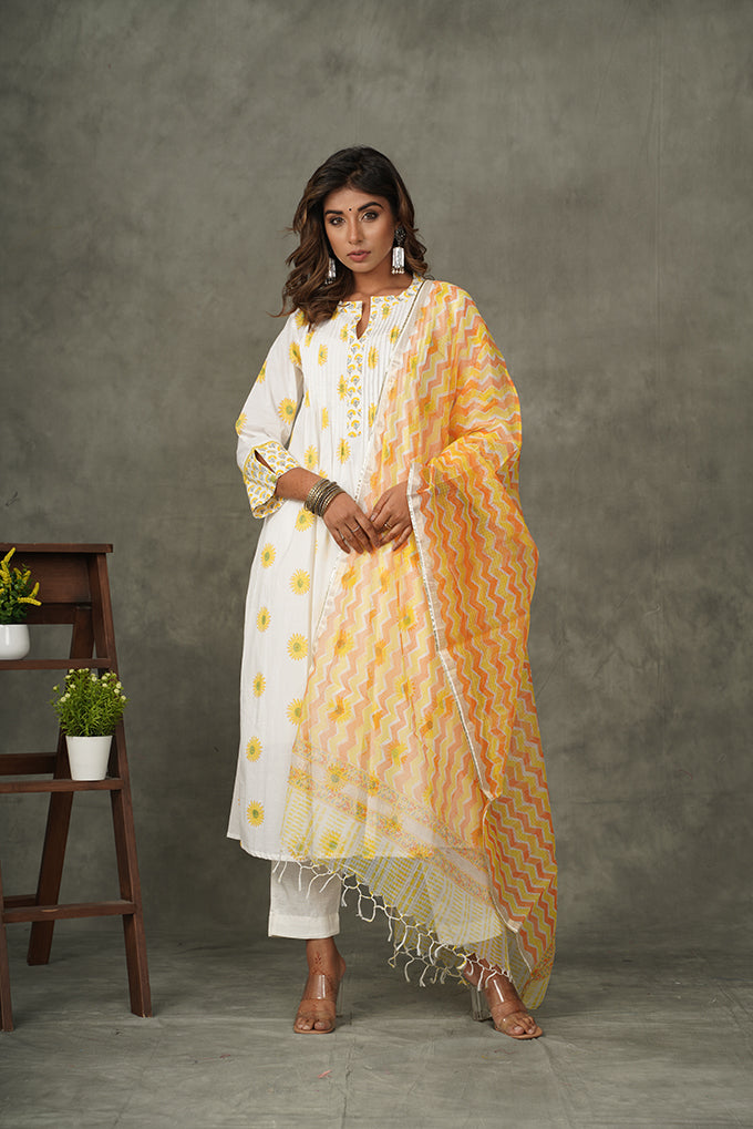 'Ray of Sunshine' Yellow- Orange Cotton Pintuck kurta/dupatta/pants set (Set of 3)