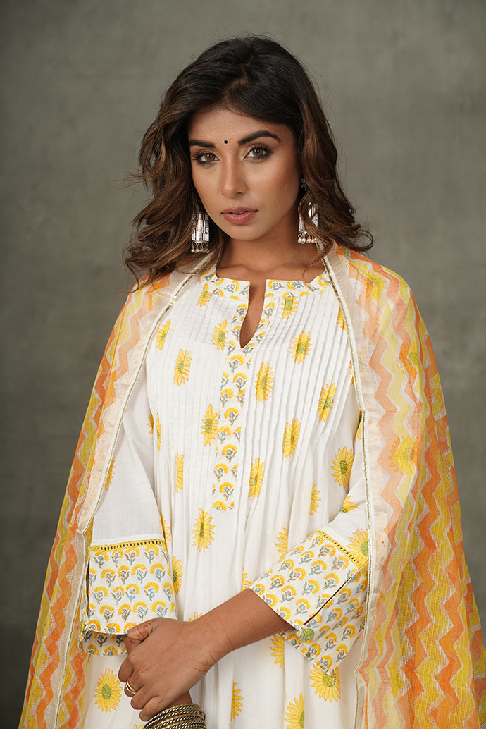 'Ray of Sunshine' Yellow- Orange Cotton Pintuck kurta/dupatta/pants set (Set of 3)