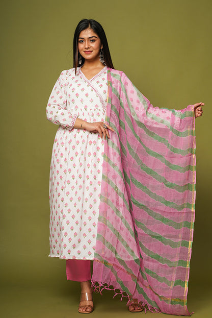 'Padmaja' Pink and White Angrakha style Gathered kurta/dupatta/pants set (Set of 3)