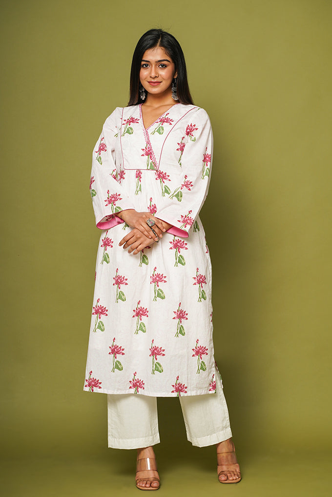 Bestseller - 'Nilofer' Pink Lotus Hand block printed A line kurta/dupatta/pants set (Set of 3)