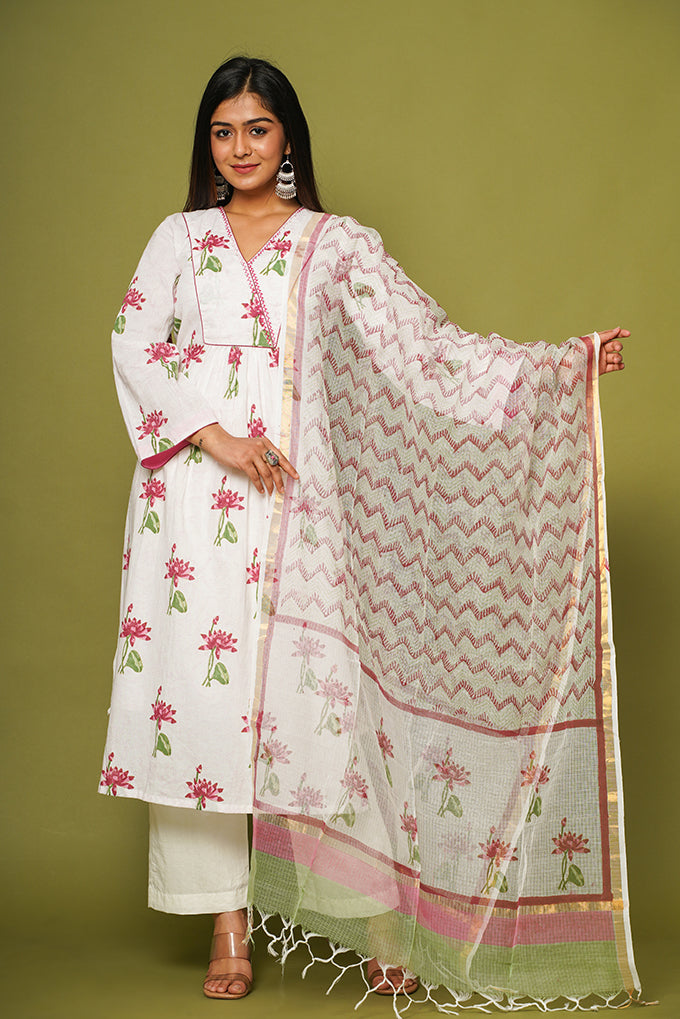 Bestseller - 'Nilofer' Pink Lotus Hand block printed A line kurta/dupatta/pants set (Set of 3)