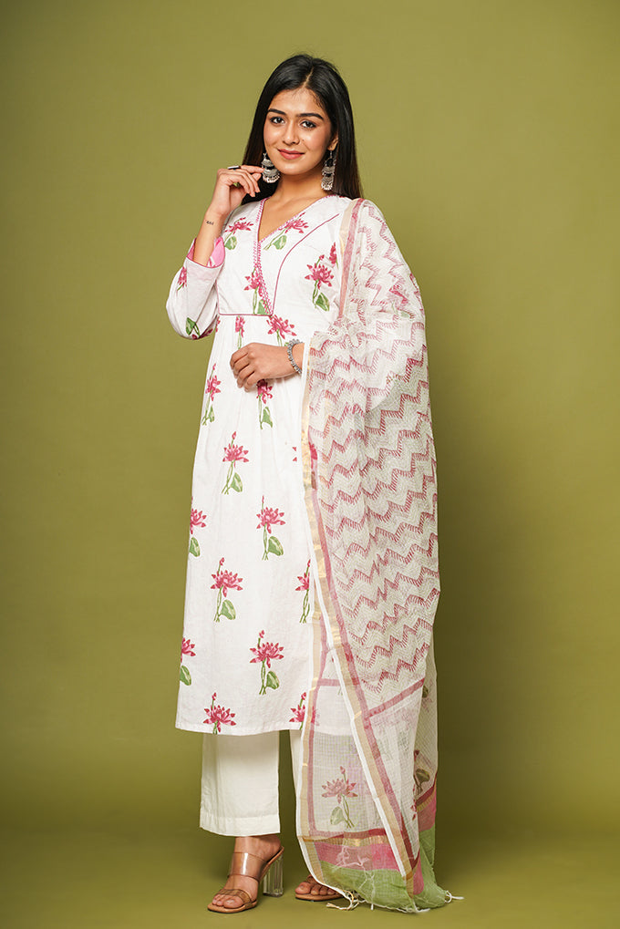 Bestseller - 'Nilofer' Pink Lotus Hand block printed A line kurta/dupatta/pants set (Set of 3)