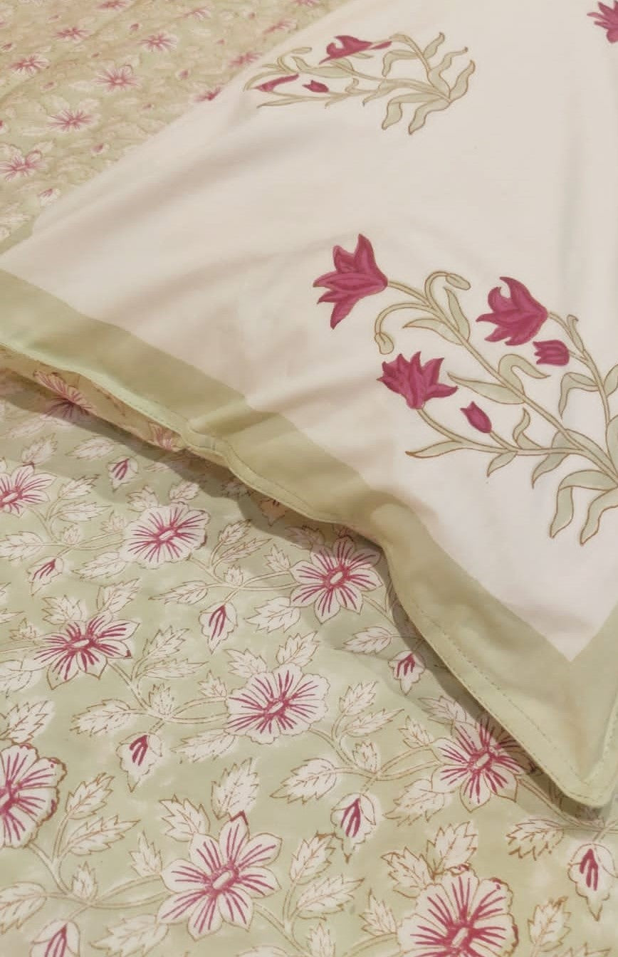 Pastel Green and Pink - Premium Handblock printed Bedsheet - King Size ( 108*108 ) inches